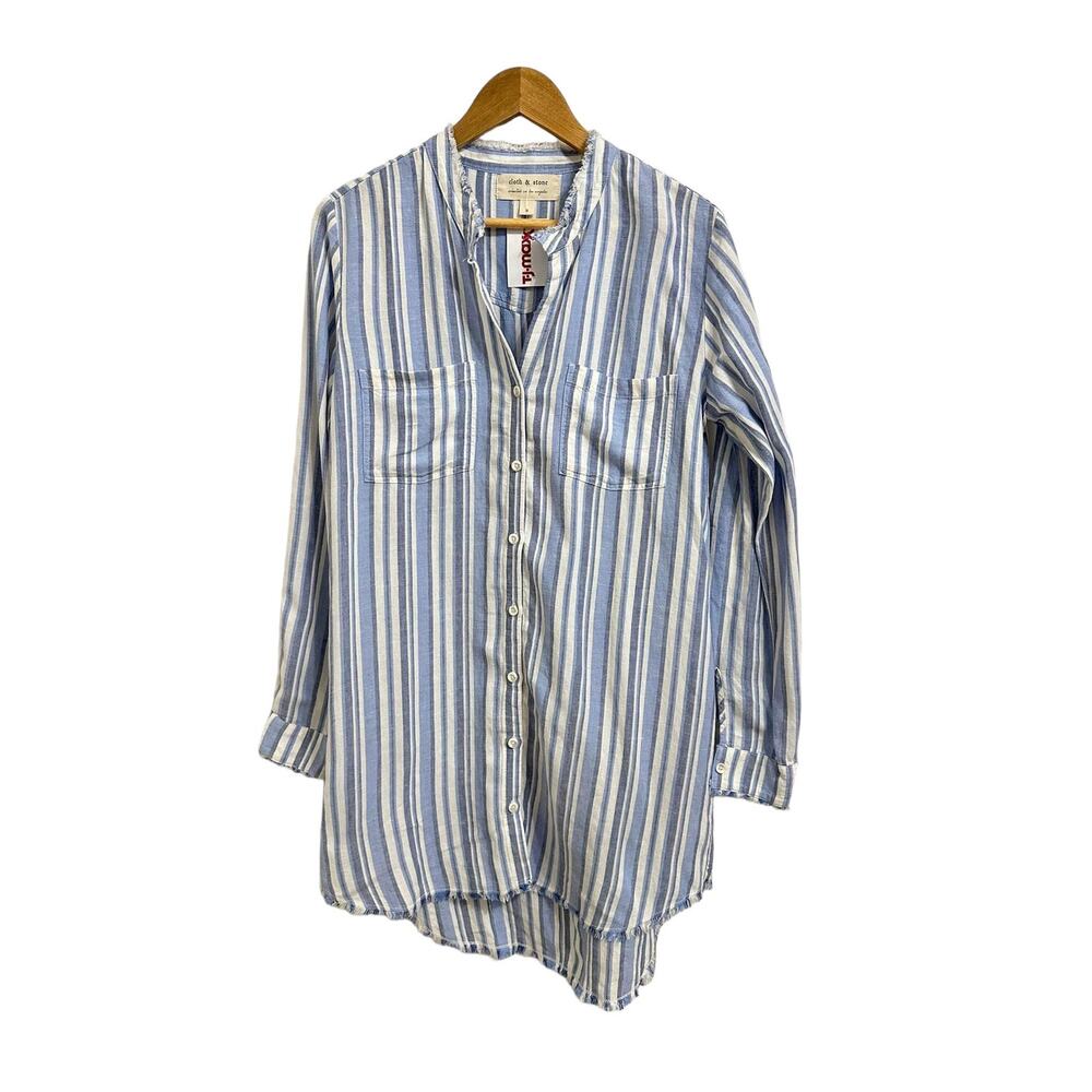 Coastal Cloth & Stone Blue White‎ Striped Linen Blend Frayed Tunic Shirt S